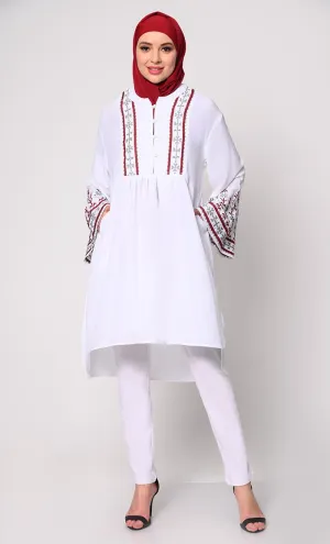 Elegant Machine-Embroidered White Tunic with Flared Sleeves