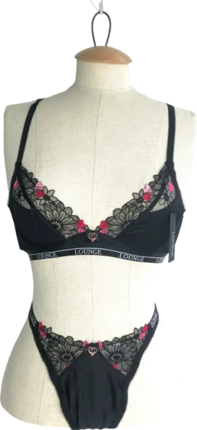 Black Zalia Plunge Bra Size 32A and Thong Set, UK Medium - Lounge Underwear