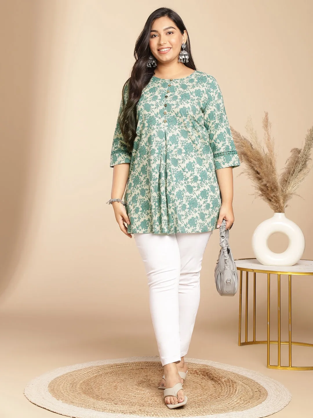 Plus Size Sage Cotton Floral A-Line Tunic