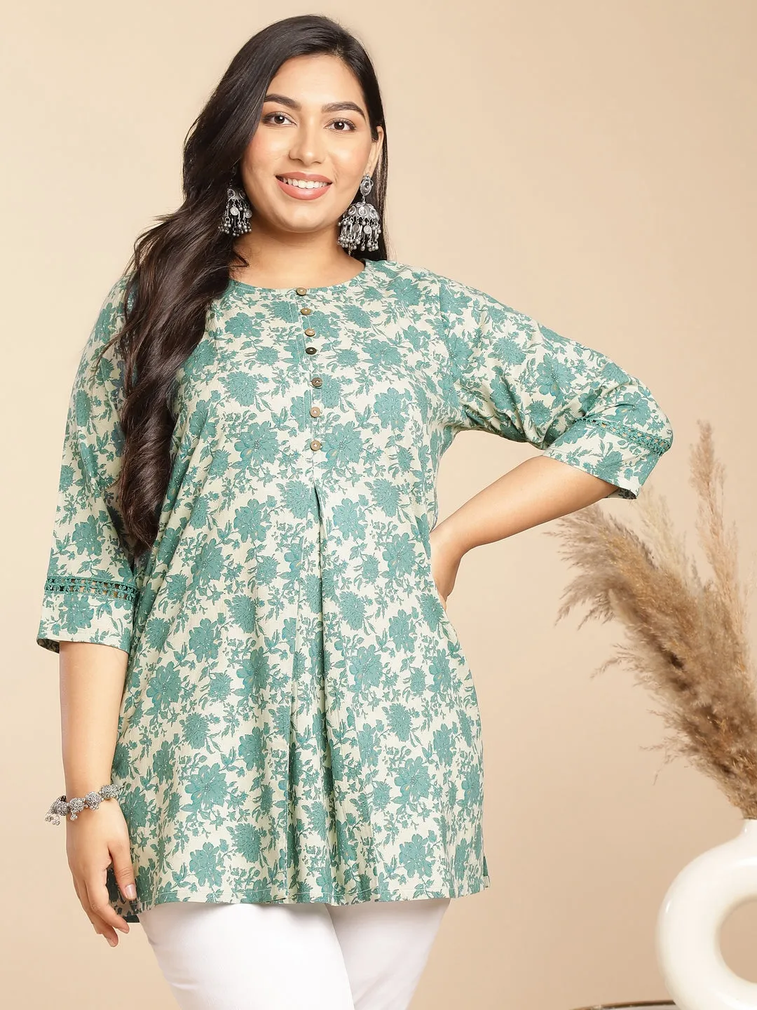 Plus Size Sage Cotton Floral A-Line Tunic